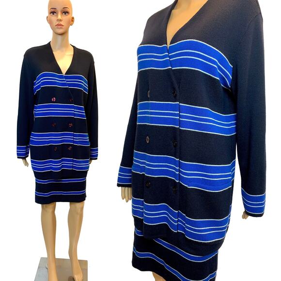 80s RODIER Dark Blue Knit Skirt Suit | Oversized Blazer Cardigan & Pencil Skirt - Picture 4 of 10